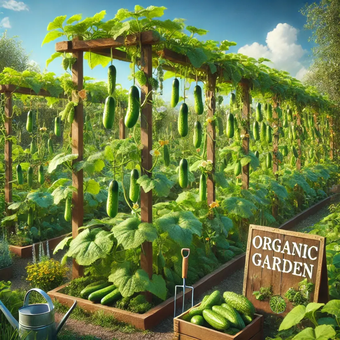 Organic cucumber plants with green leaves climbing trellises in a sunny garden, with a wooden 'Organic Garden' sign and gardening tools in the foreground.