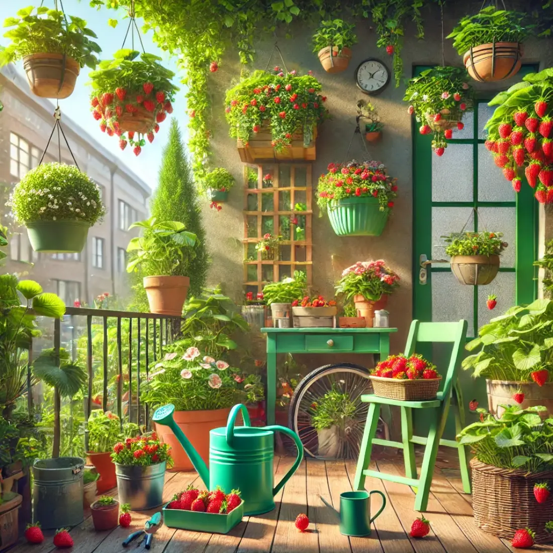 Small garden with strawberries growing in hanging baskets, pots, and window boxes, surrounded by lush foliage, gardening tools, and a small table.