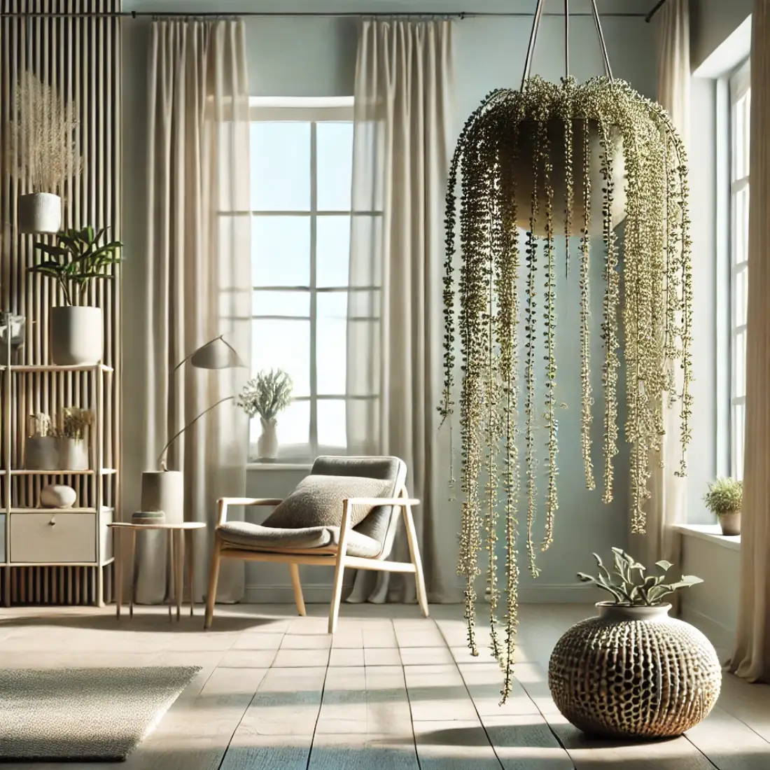 Indoor scene with a String of Pearls plant featuring long, trailing stems and bead-like leaves in a stylish hanging planter near a bright window, with minimalistic decor.