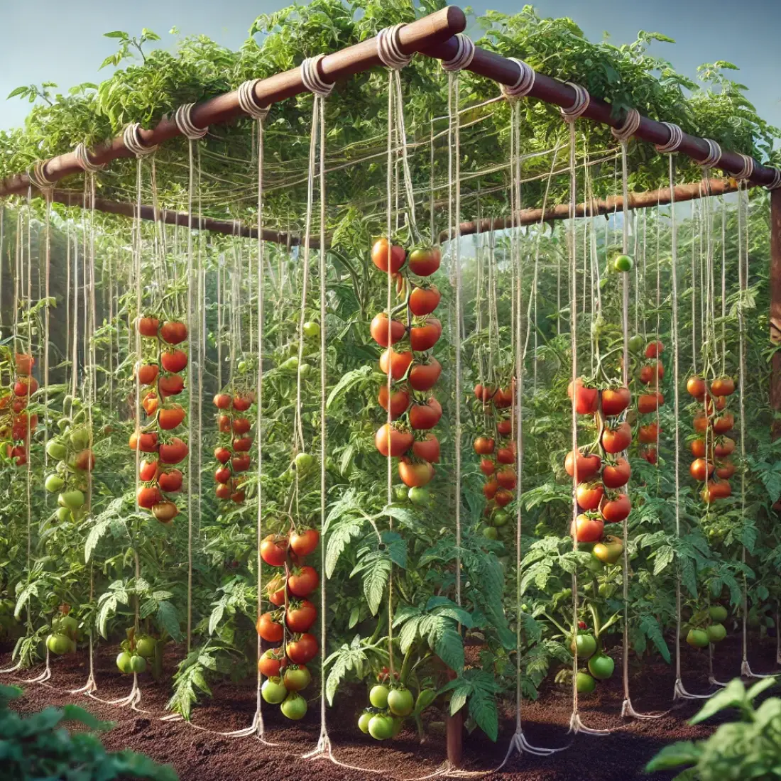 Strings hanging from a horizontal support above tomato plants, which are wound around the strings, with ripe red tomatoes in a lush, well-maintained garden under a sunny sky.