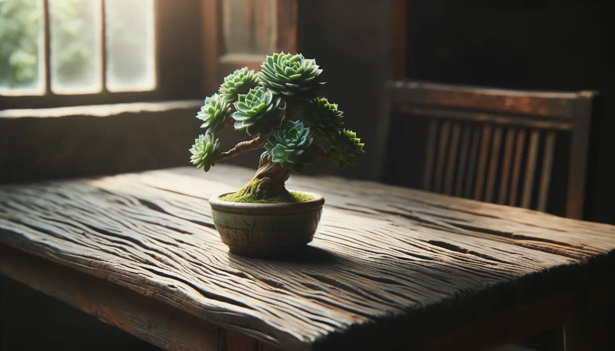 Lush green succulent bonsai on a weathered wooden table in a softly lit indoor setting