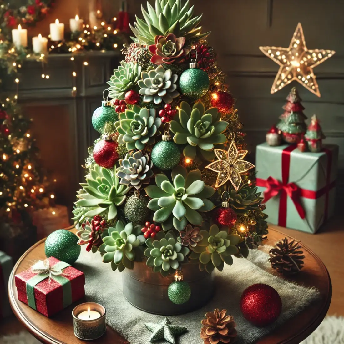 Tiered succulent arrangement styled as a Christmas tree, adorned with ornaments and fairy lights, surrounded by festive gifts and candles.
