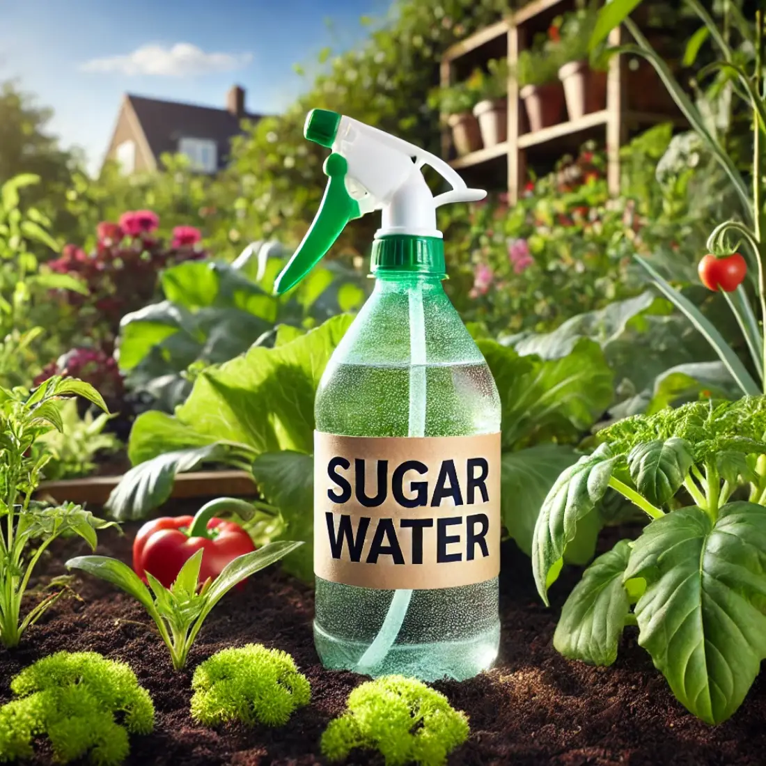 A vibrant organic garden with various plants and a prominently placed spray bottle labeled 'Sugar Water' in the foreground.