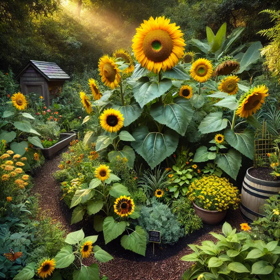 A lush organic garden with tall sunflowers in vibrant yellow blooms, surrounded by green foliage and smaller flowers. Butterflies and bees pollinate the flowers, highlighting the garden's natural beauty and ecological harmony.