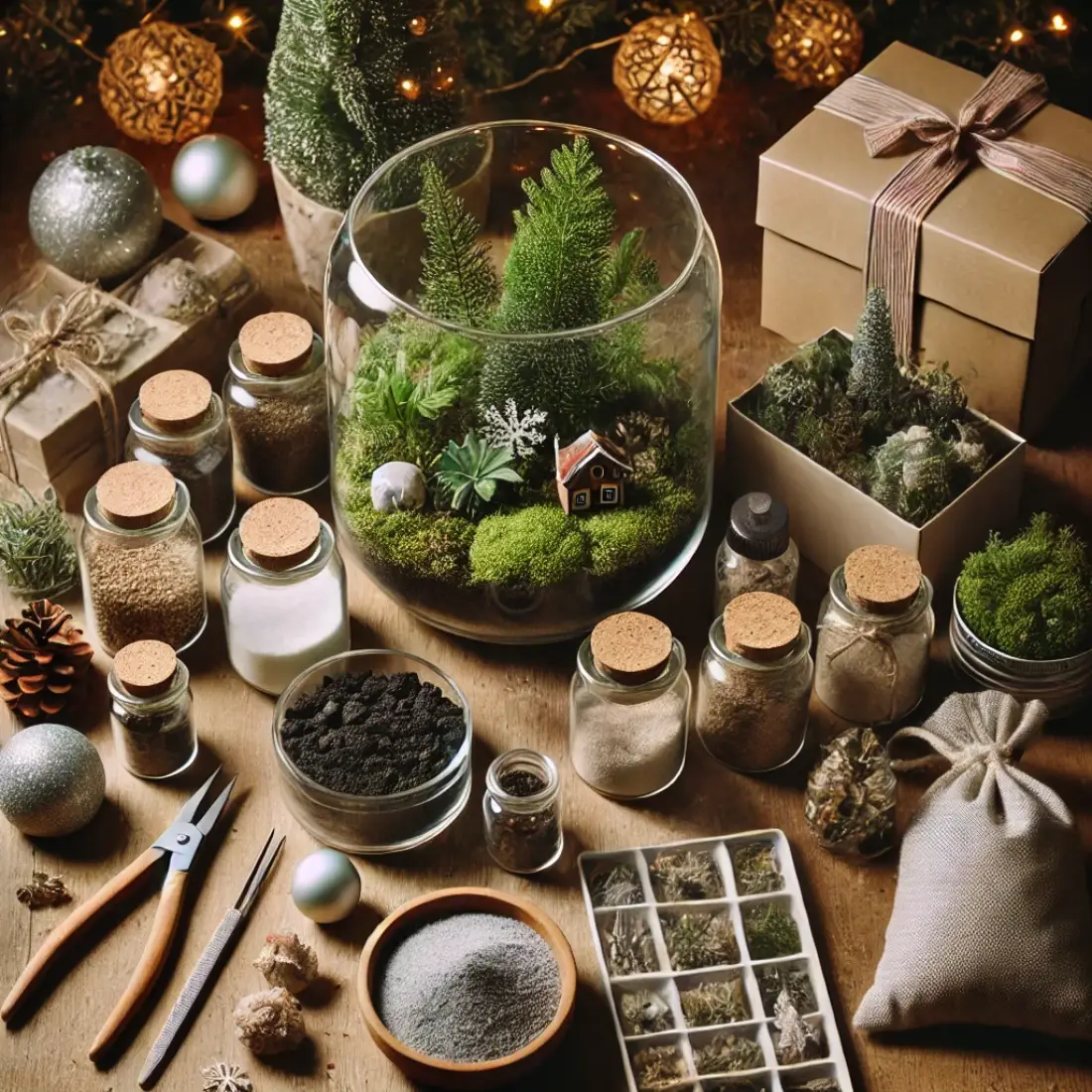 Christmas terrarium supplies including glass container, sand, rocks, soil, moss, mini decorations, and tools on a wooden table.