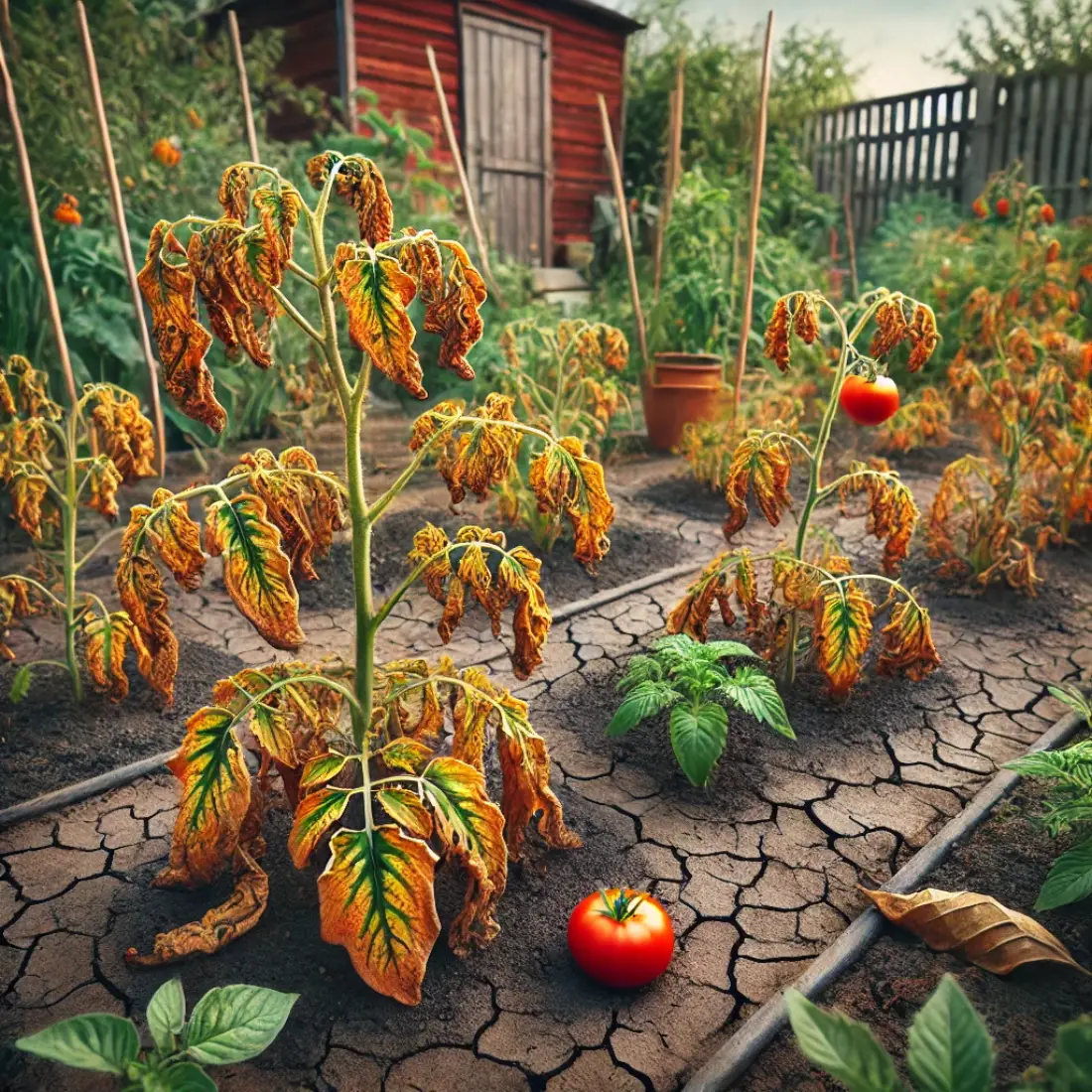 Vegetable garden showing tomato and pepper plants with wilting, yellowing leaves, and stunted growth due to Verticillium wilt, with a wooden fence and shed in the background.