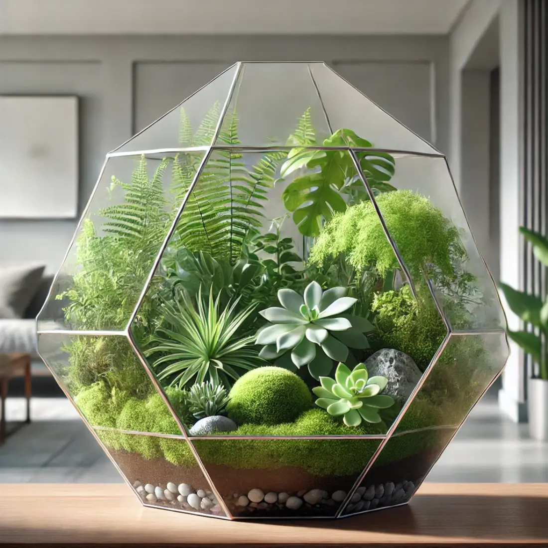 Geometric glass terrarium with vibrant green plants in a bright, modern indoor setting with minimalistic decor.