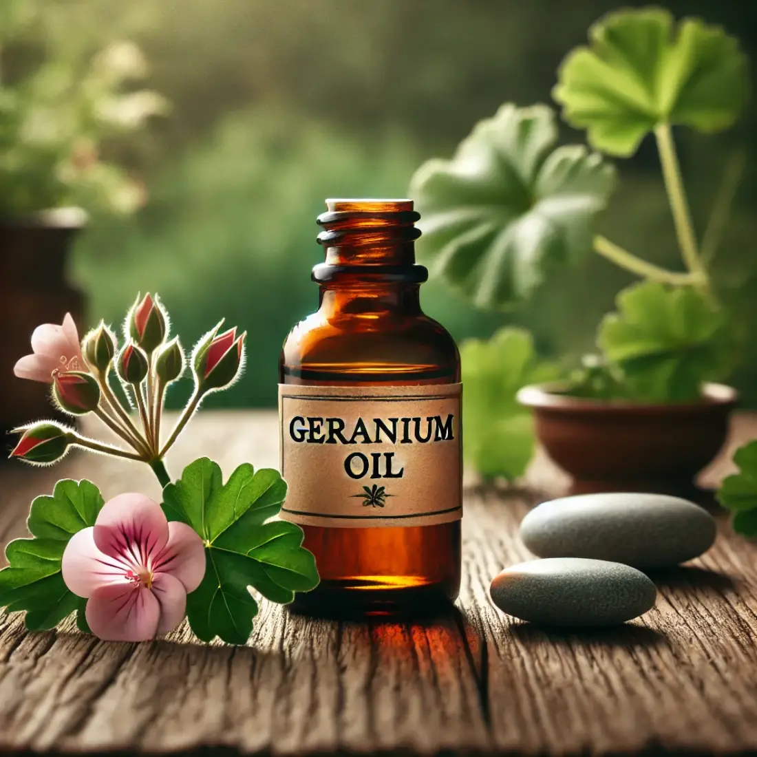 Amber glass bottle labeled "Geranium Oil" on a wooden table with geranium flowers and green leaves in an organic environment.