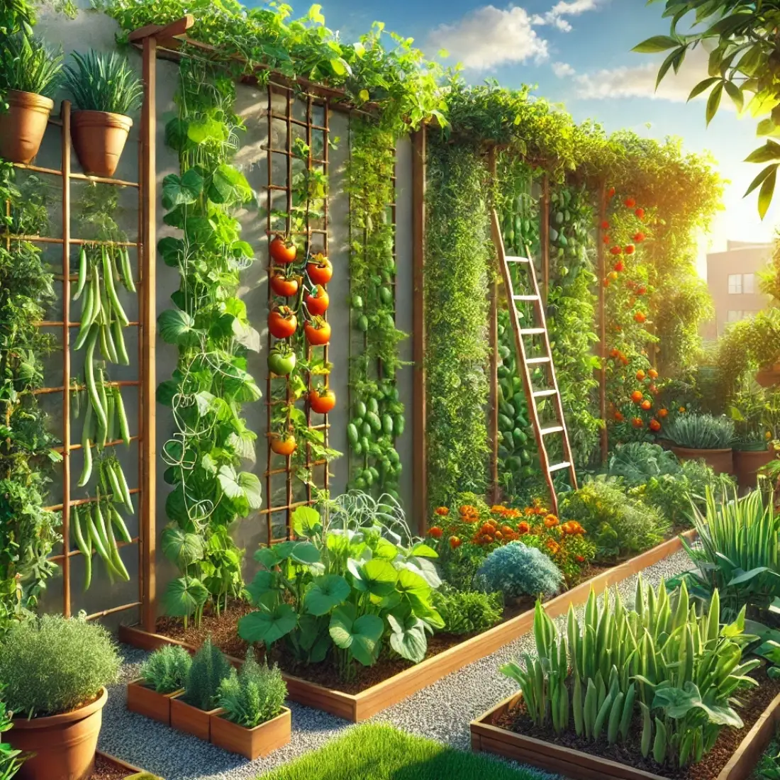 Vibrant cucumber plant growing vertically in a garden, supported by trellises and stakes, with lush green foliage and hanging cucumbers, set in a sunny urban space.