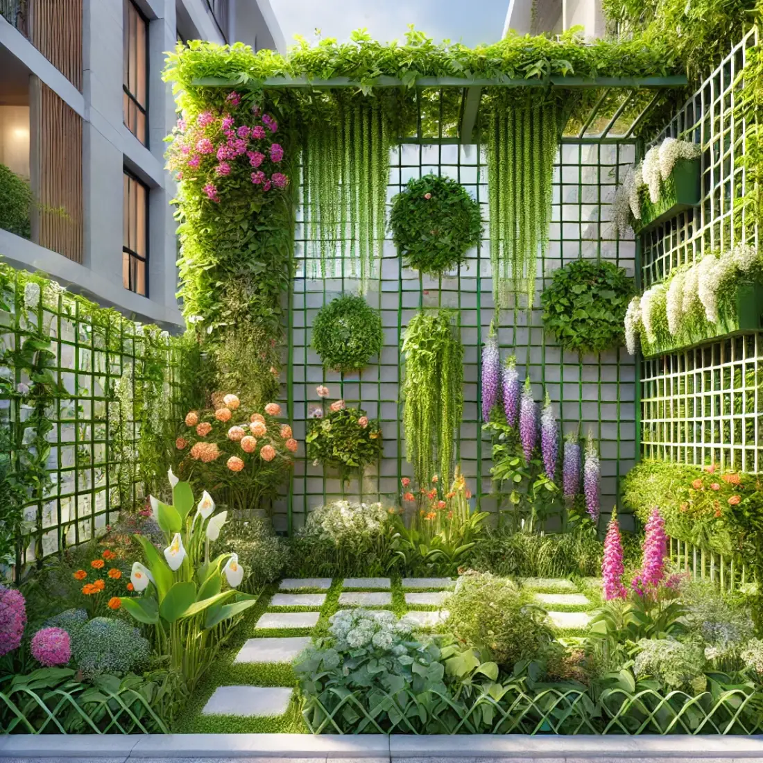 A small garden with trellises and walls covered in lush green climbing plants and vibrant flowers. Privacy screens provide shade to a nearby home. Bees and butterflies are drawn to the flowers, enhancing the garden's ecosystem.