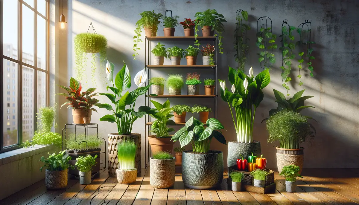 A sun-drenched indoor garden showcases a collection of houseplants and vegetables, including Peace Lily and Monstera, with a backdrop of thriving vegetables and fruits.