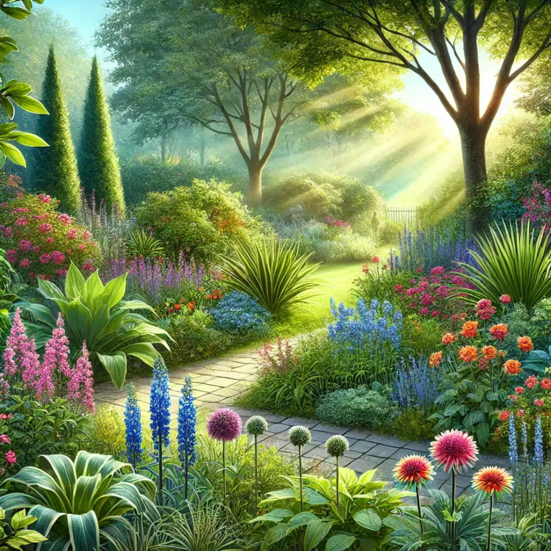 A colorful garden featuring 15 outdoor plants of varying heights and textures, with a sunlit path winding through lush greenery and vibrant flowers.