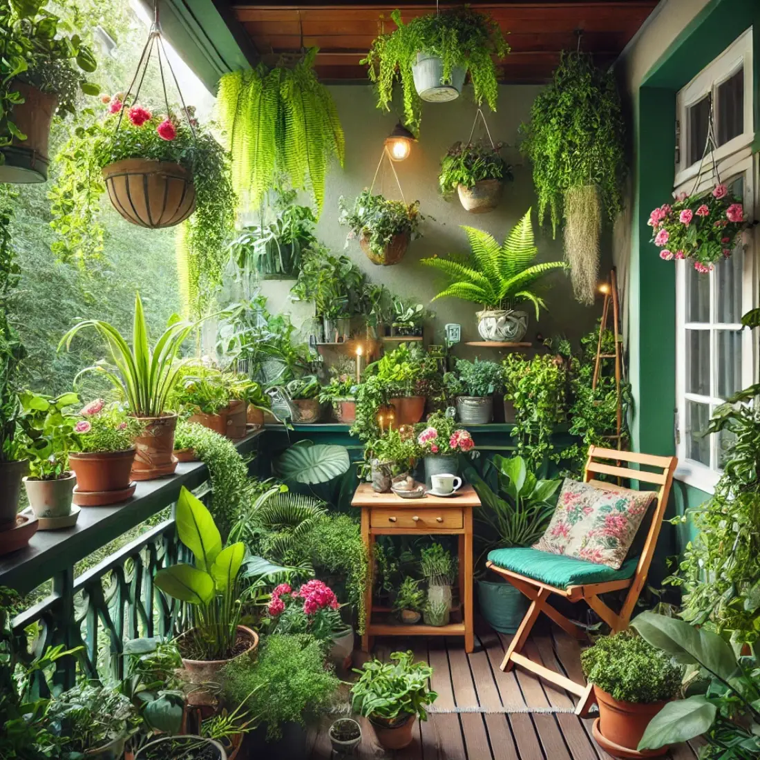 Cozy shady balcony filled with leafy plants, ferns, and colorful flowers, with a small table and chair.