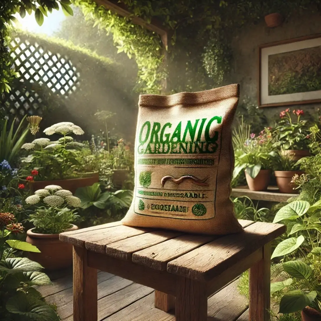 A bag labeled "Organic Gardening" on a wooden table in a lush garden, surrounded by green plants and flowers.