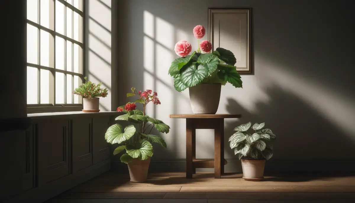 Few begonias in a serene indoor setting with soft sunlight, featuring a pink tuberous begonia, red wax begonias, and a patterned rex begonia.