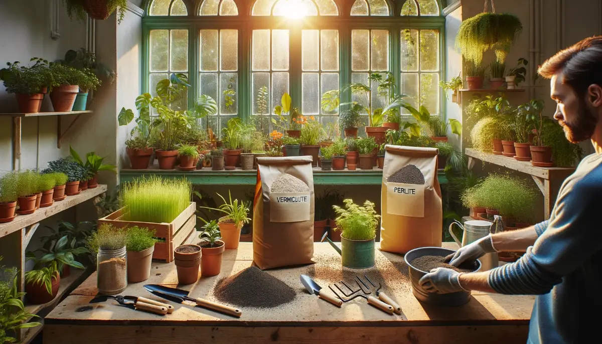 Indoor garden scene with sunlight, showcasing mixing of vermiculite and perlite into potting soil on a workbench, surrounded by lush plants