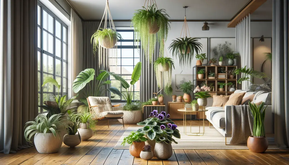 Modern living room filled with pet-safe plants like Spider Plants, Boston Ferns, and African Violets, showcasing a harmonious indoor garden