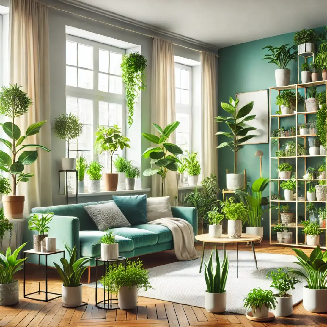 Bright living room with large windows and a variety of light-loving houseplants, including fiddle leaf figs, snake plants, and peace lilies, arranged on shelves, tables, and the floor. The room is vibrant and inviting with complementary furniture and decor.