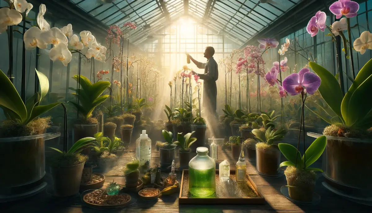 A gardener misting vibrant orchids in a bright, airy greenhouse, showcasing healthy green leaves, specialized potting mix, and essential care practices.