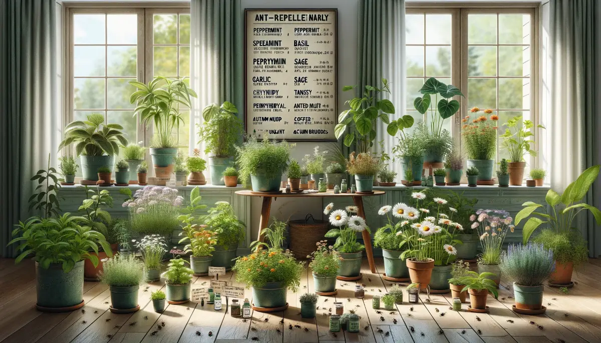 Sunlit indoor garden featuring ant-repelling plants like peppermint, basil, and chrysanthemum, with organic deterrents subtly included