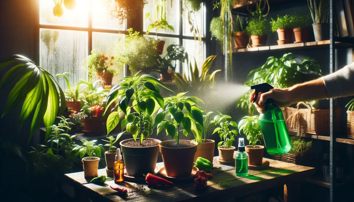 Close-up view of a hot pepper plant in a vibrant indoor garden as a person sprays a natural pepper solution.