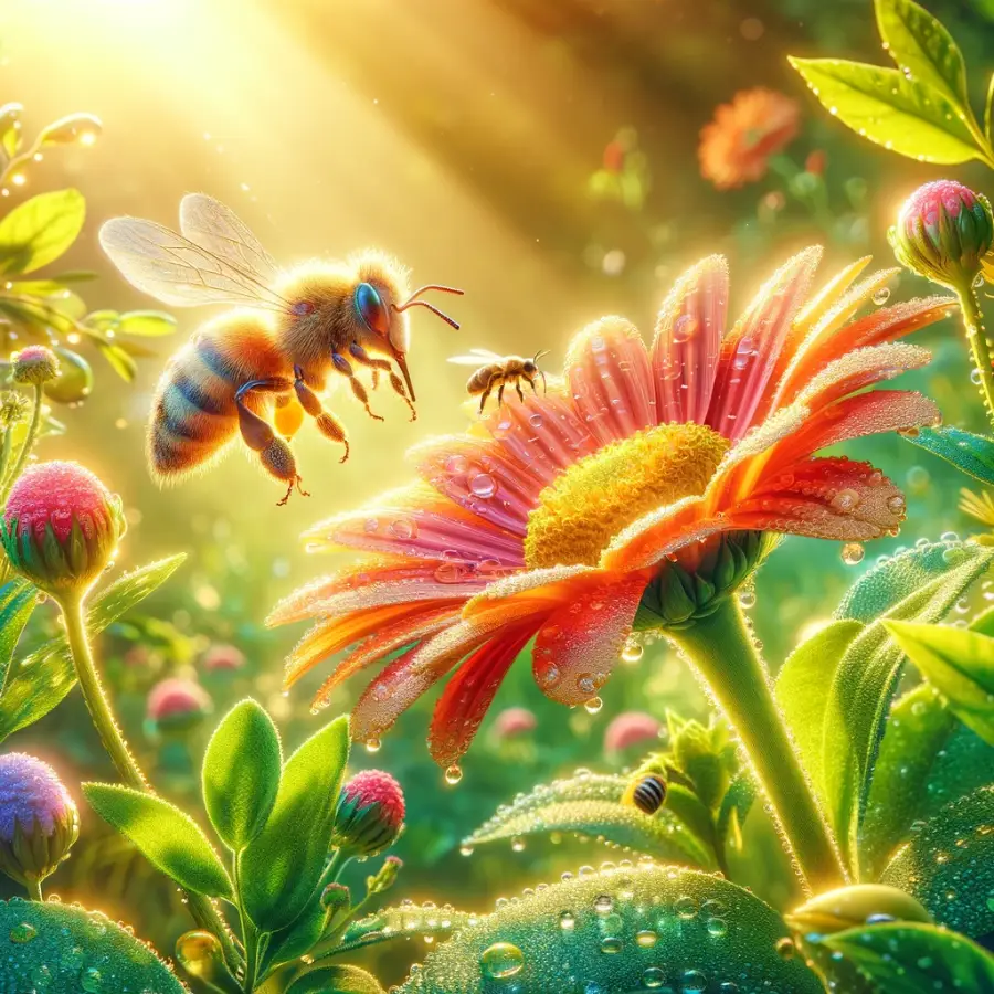 Realistic image of a bee with detailed wings landing on a colorful organic flower in a sunny garden.