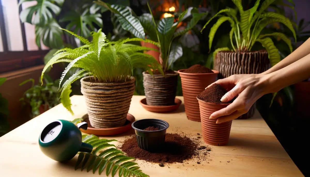 Hands sprinkling coffee grounds on soil around lush indoor plant, showcasing sustainable gardening.