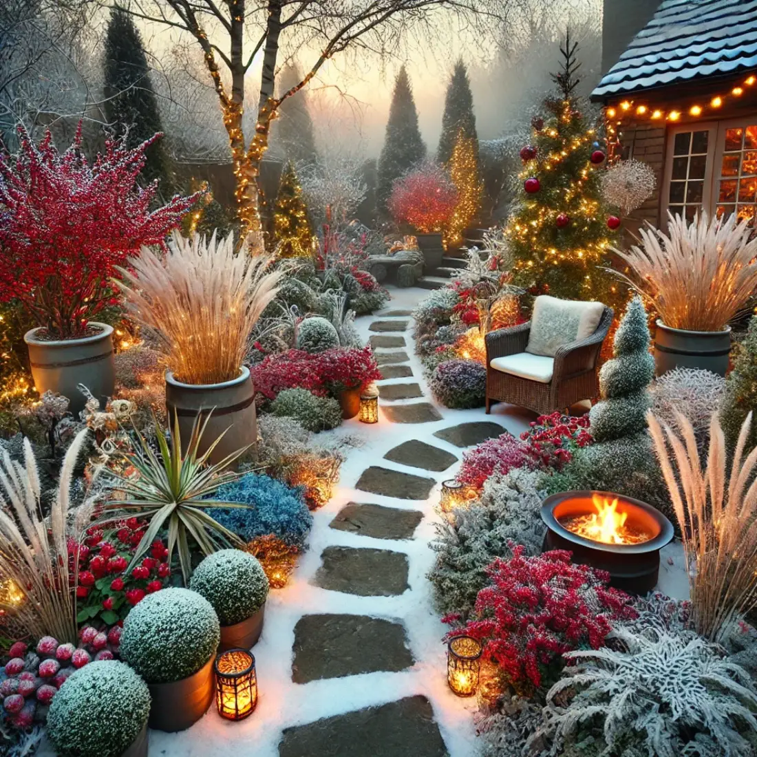 A winter garden featuring holly bushes with red berries, frost-dusted plants, a lit stone path, and a cozy fire pit under a sunset glow.