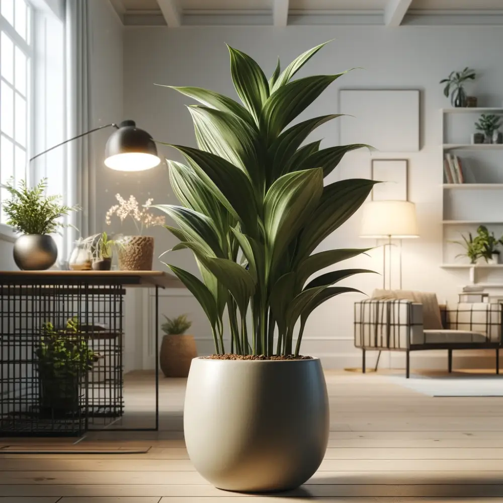 A lush Aspidistra elatior, also known as the Cast Iron Plant, in a stylish pot within a cozy, minimalistic indoor space.