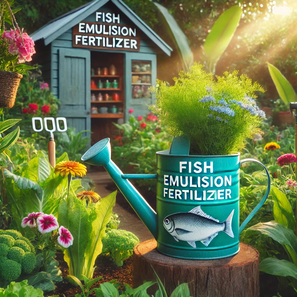 A watering can labeled 'Fish Emulsion Fertilizer' amidst thriving vegetables and flowers in a lush, sunlit garden.