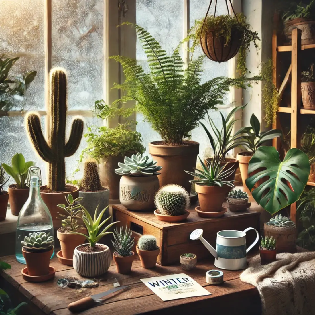 Houseplants like cacti, ferns, and leafy plants arranged on a windowsill with a watering can and winter care guide nearby.