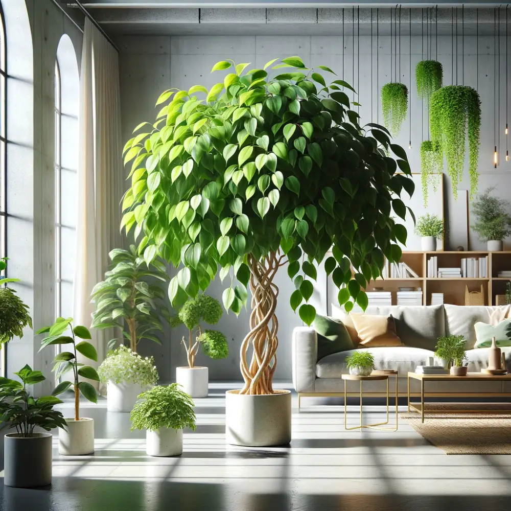 Stylish indoor setting with various cultivars of Weeping Fig, showcasing lush green, variegated, and golden-yellow leaves in a cozy modern living room with natural light.