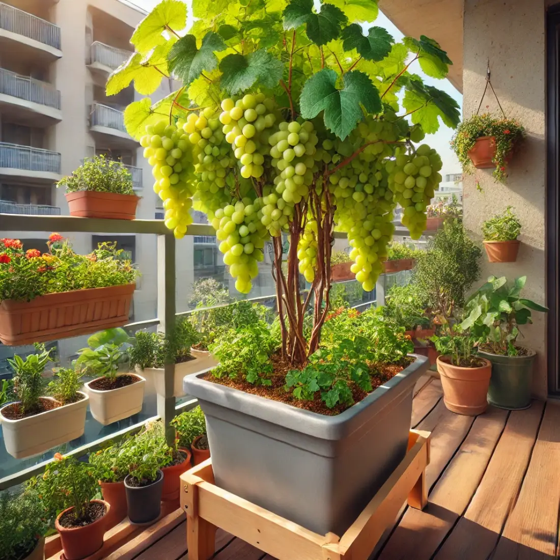 A lush Thompson Seedless grapevine in a large container on a small balcony, surrounded by other potted plants and flowers. The grapevine has green leaves and clusters of sweet, seedless grapes, perfect for fresh eating and drying into raisins.