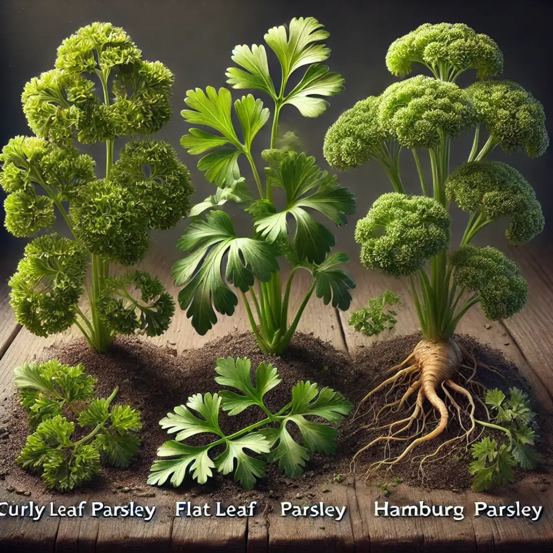 Three types of parsley displayed side by side on a wooden surface: Curly Leaf with ruffled leaves, Flat Leaf with smooth leaves, and Hamburg with leaves and roots.