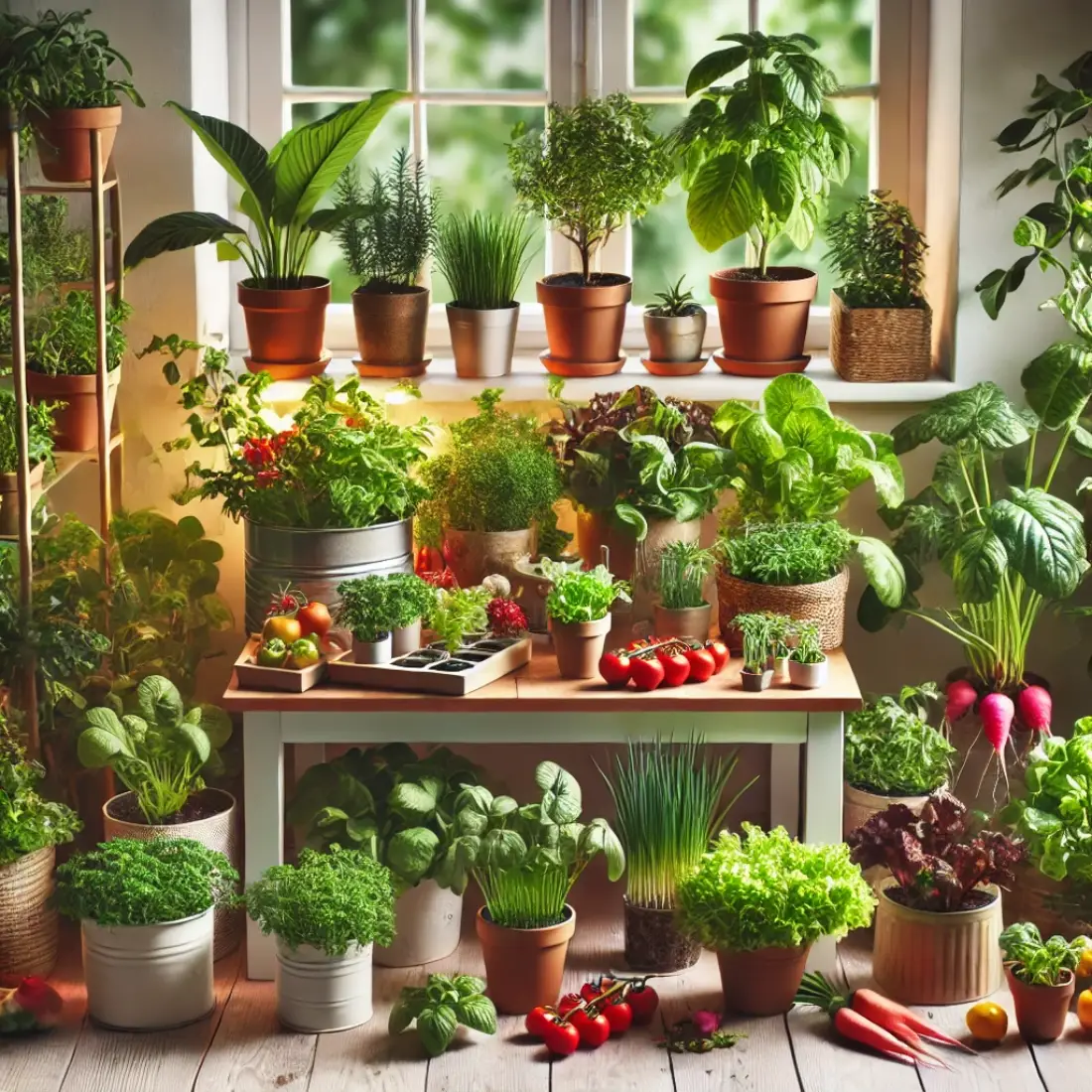 An organized and inviting indoor garden featuring herbs, leafy greens, small fruits, and root vegetables in well-lit containers, showcasing the ease of indoor gardening.