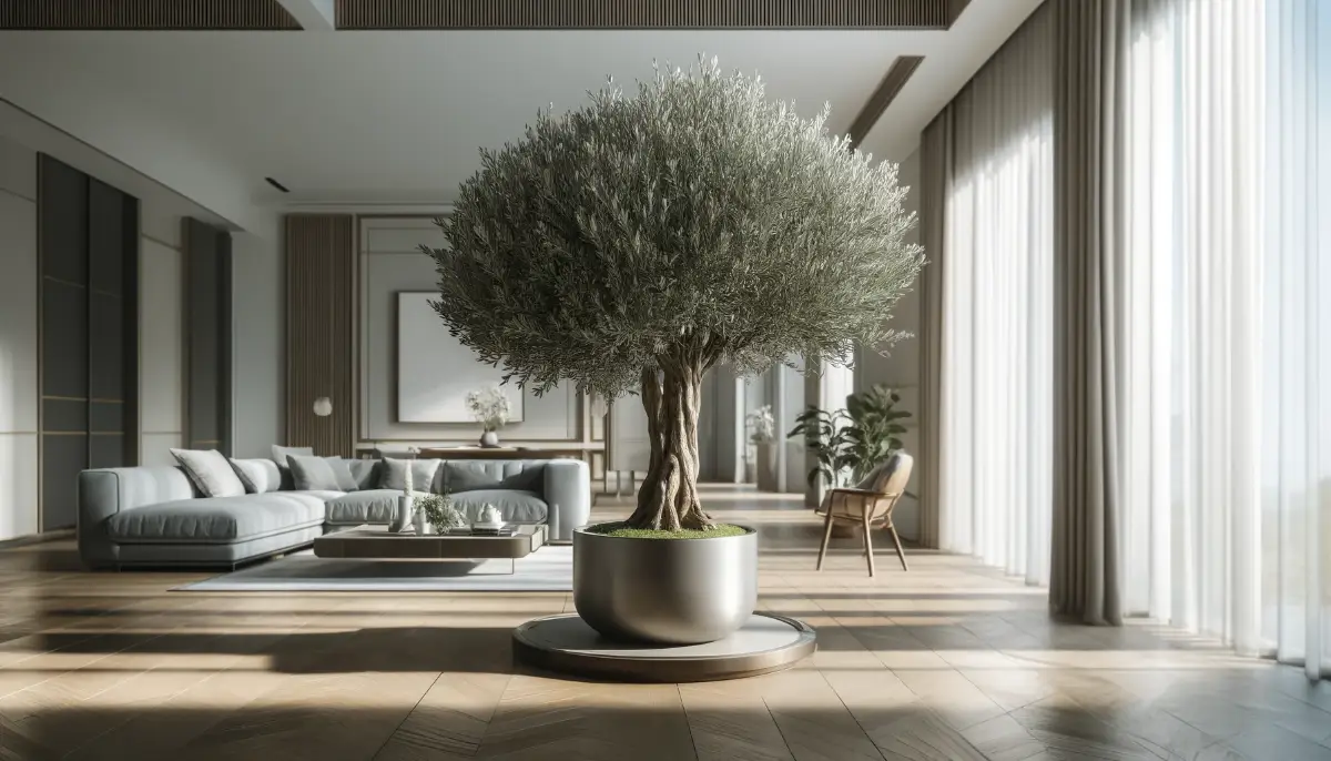 Indoor olive tree with silvery leaves in a ceramic pot, set in a sunlit modern living room with minimalist decor.