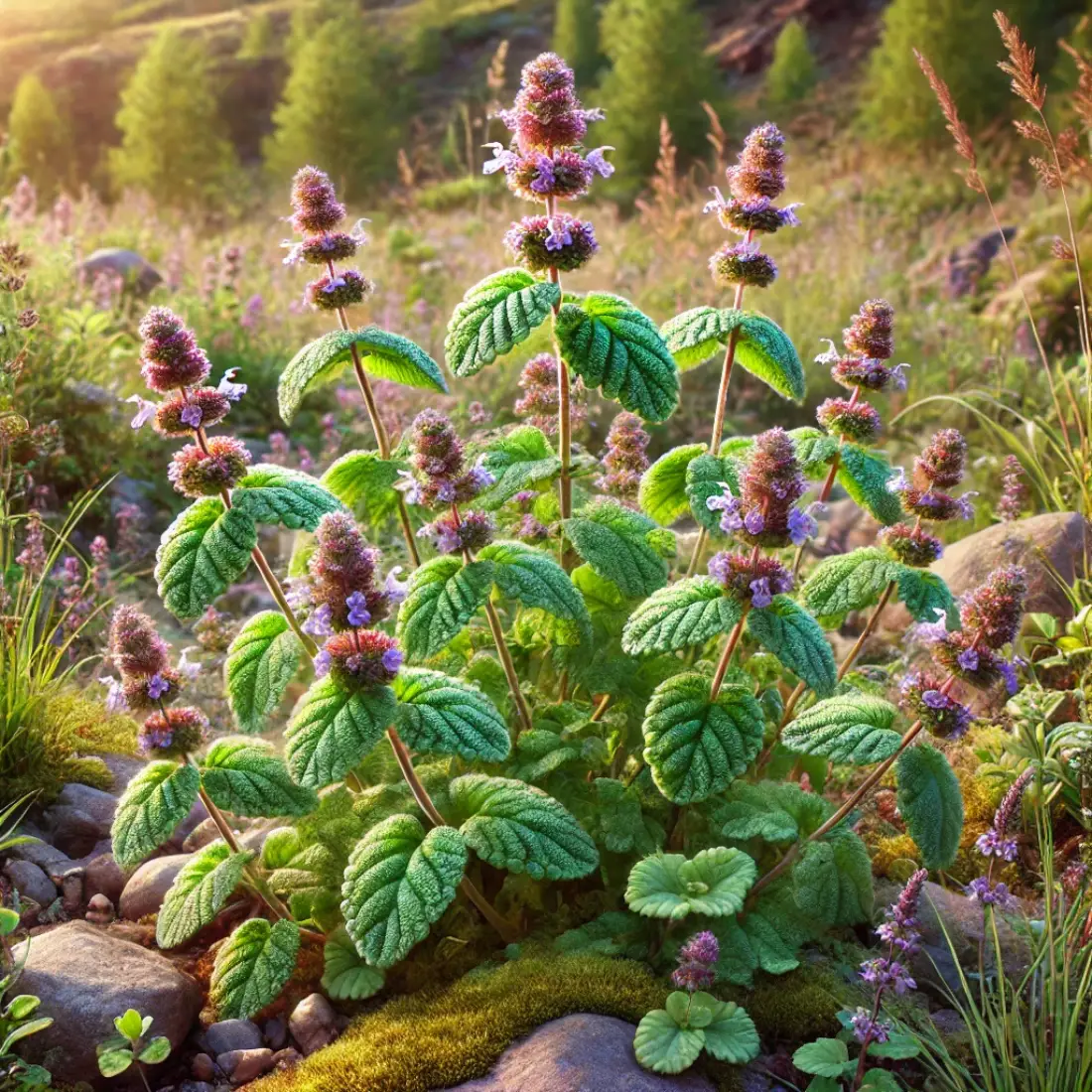 Realistic image of Mentha pulegium, or pennyroyal, with small oval leaves and clusters of purple flowers, growing in its natural environment with wild grass and rocky soil.