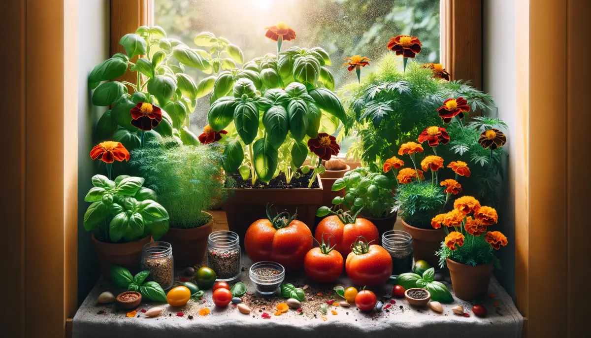 Indoor garden on a sunny windowsill featuring tomato plants with basil, marigolds, and nasturtium companions.