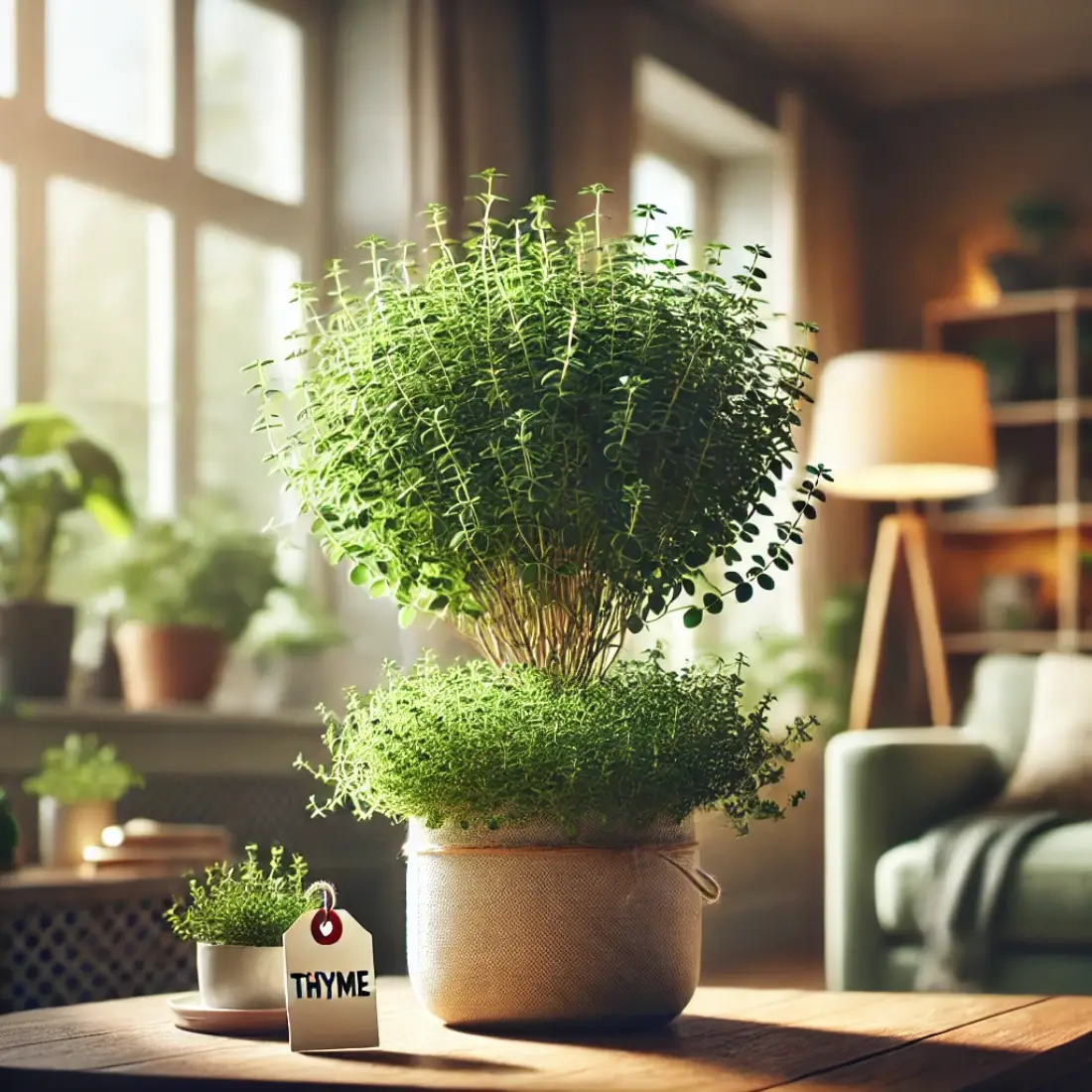 Cozy home with a well-lit indoor garden featuring a lush thyme plant in a stylish pot, highlighted by natural sunlight from large windows.