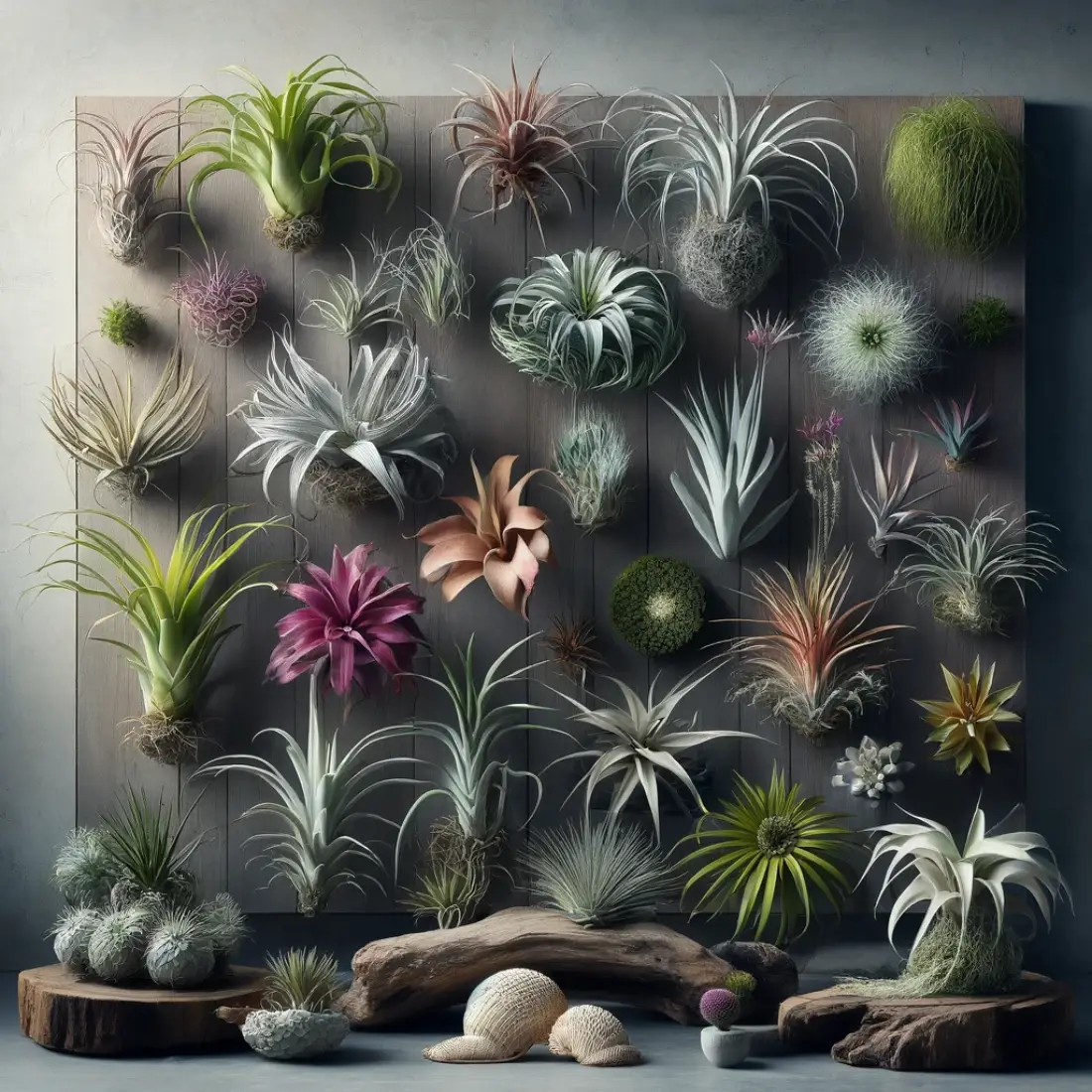 Various Tillandsia air plants in an indoor setting with different shapes, sizes, and colors, including some in bloom, creatively arranged on wood, in shells, and suspended in the air