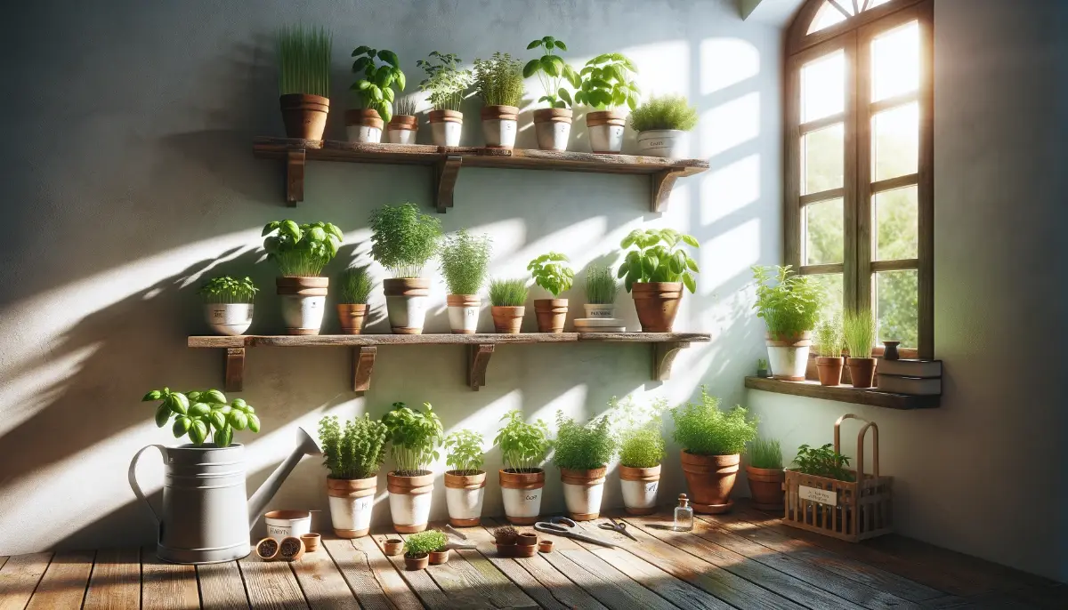 A well-organized array of basil, oregano, and mint in terracotta and white pots on wooden shelves, with sunlight enhancing their vibrant colors