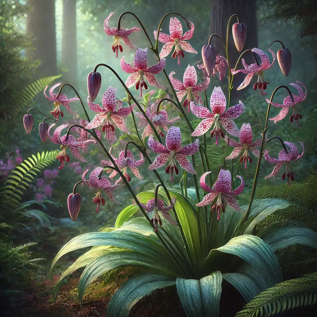 Shaded garden featuring Toad Lilies with orchid-like flowers speckled in purple, pink, and white, blooming on arching stems amidst lush greenery.