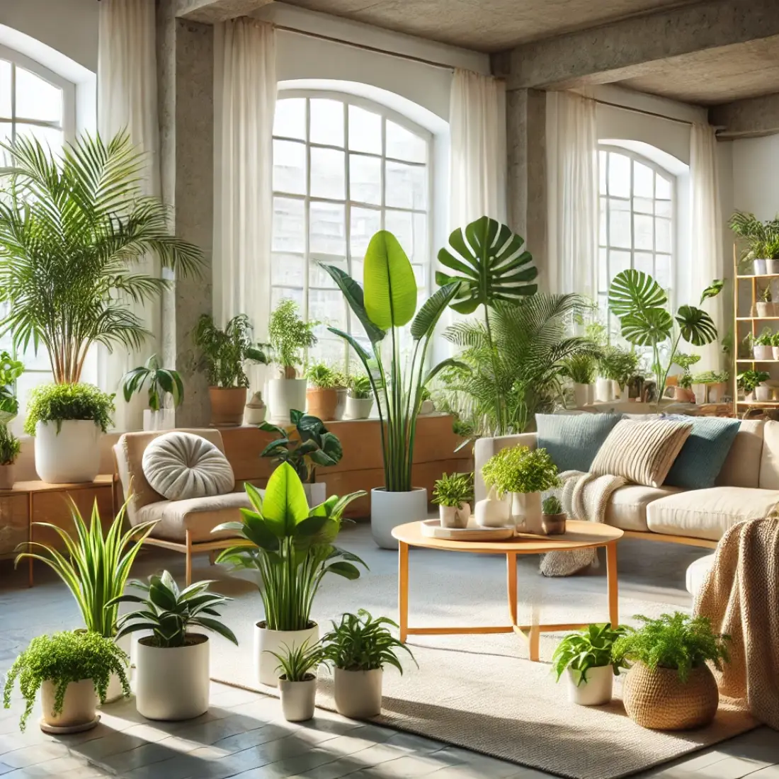 Beautiful indoor living space with top 10 allergy-reducing houseplants improving air quality.