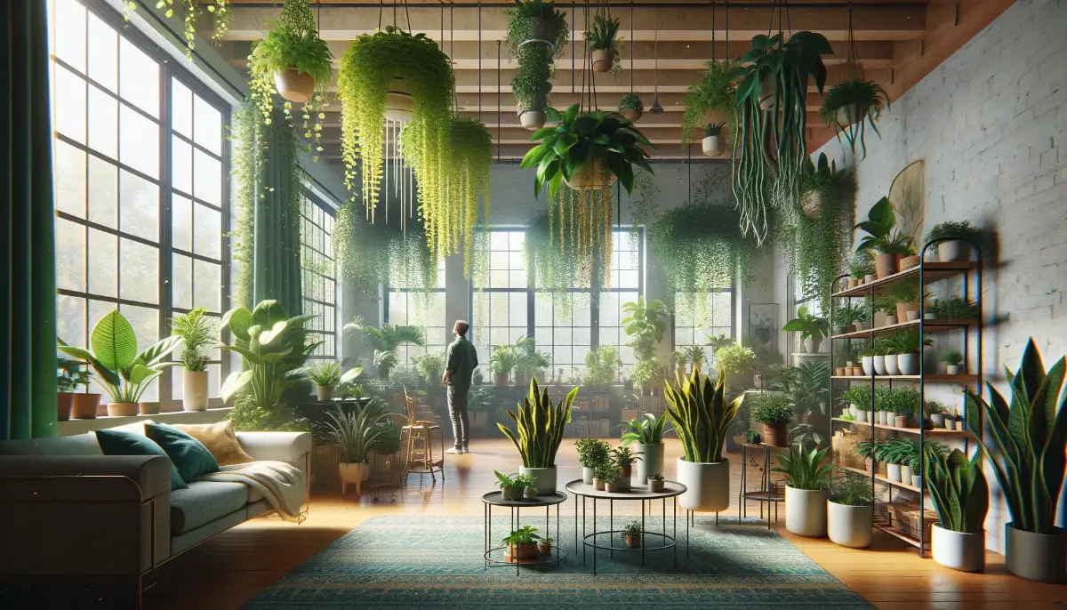 Lush indoor garden with air-purifying plants and a person caring for them, symbolizing well-being and sustainability