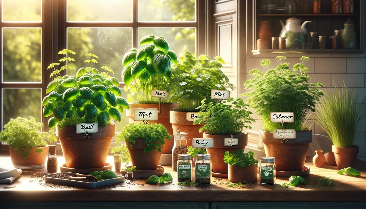 A vibrant indoor herb garden with basil, mint, cilantro, and parsley on a sunny kitchen windowsill, showcasing organic gardening