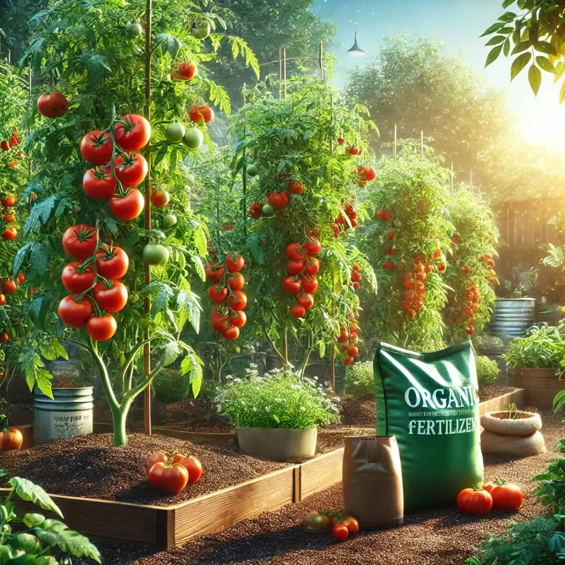 Lush tomato garden with ripe tomatoes on vines, rich soil, organic fertilizer bags without labels, and sustainable gardening setup on a sunny day.