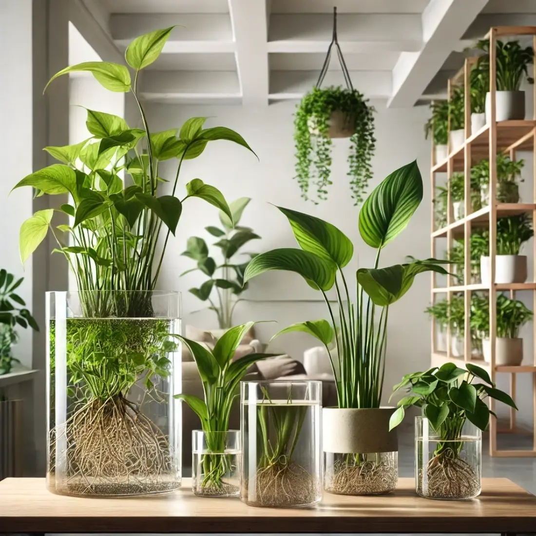 Modern indoor setting featuring water-grown pothos plants in glass containers on a sleek wooden shelf, illuminated by indirect light.