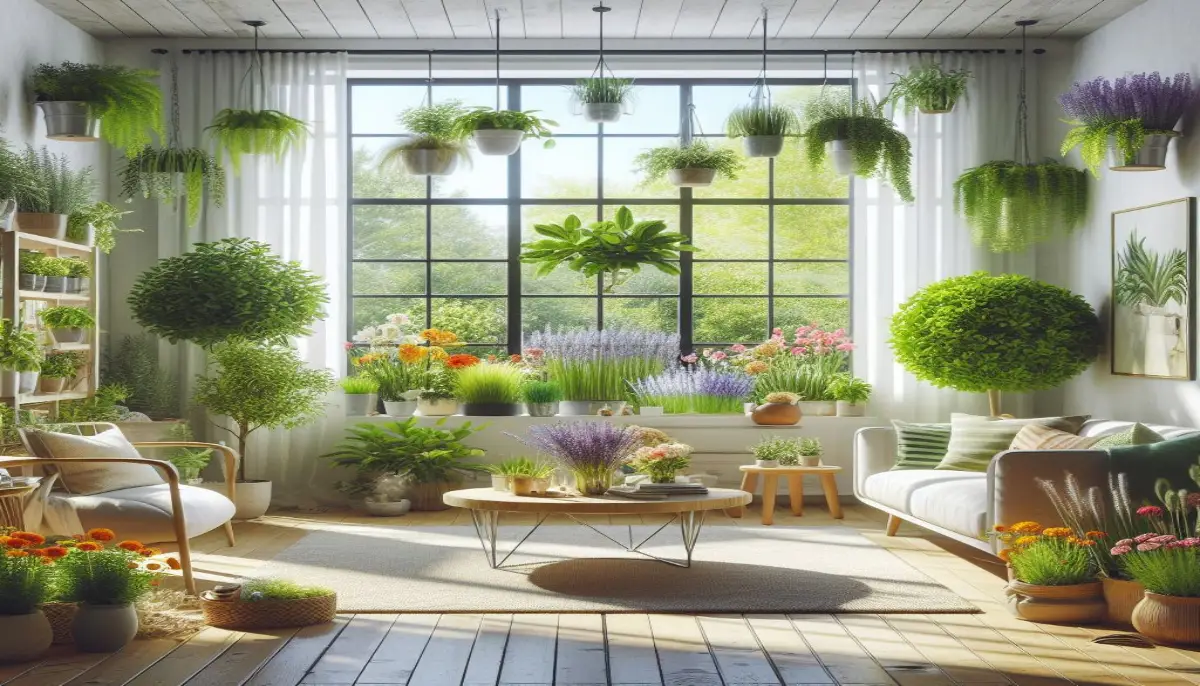 A stylish, well-lit room filled with the plants known for repelling insects, including lavender and basil, creating a serene, bug-free living space.