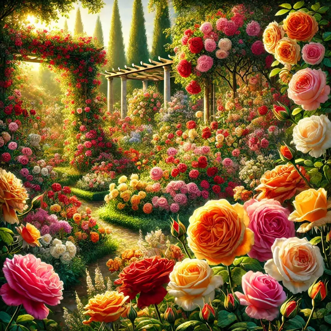 A colorful garden with top 10 rose varieties in red, pink, yellow, white, and orange blooms, climbing over trellises and surrounded by green foliage.