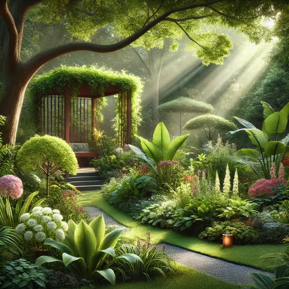 A lush garden filled with shade-loving plants and soft blooms, featuring a stone pathway leading to a shaded bench, with dappled sunlight filtering through the trees.